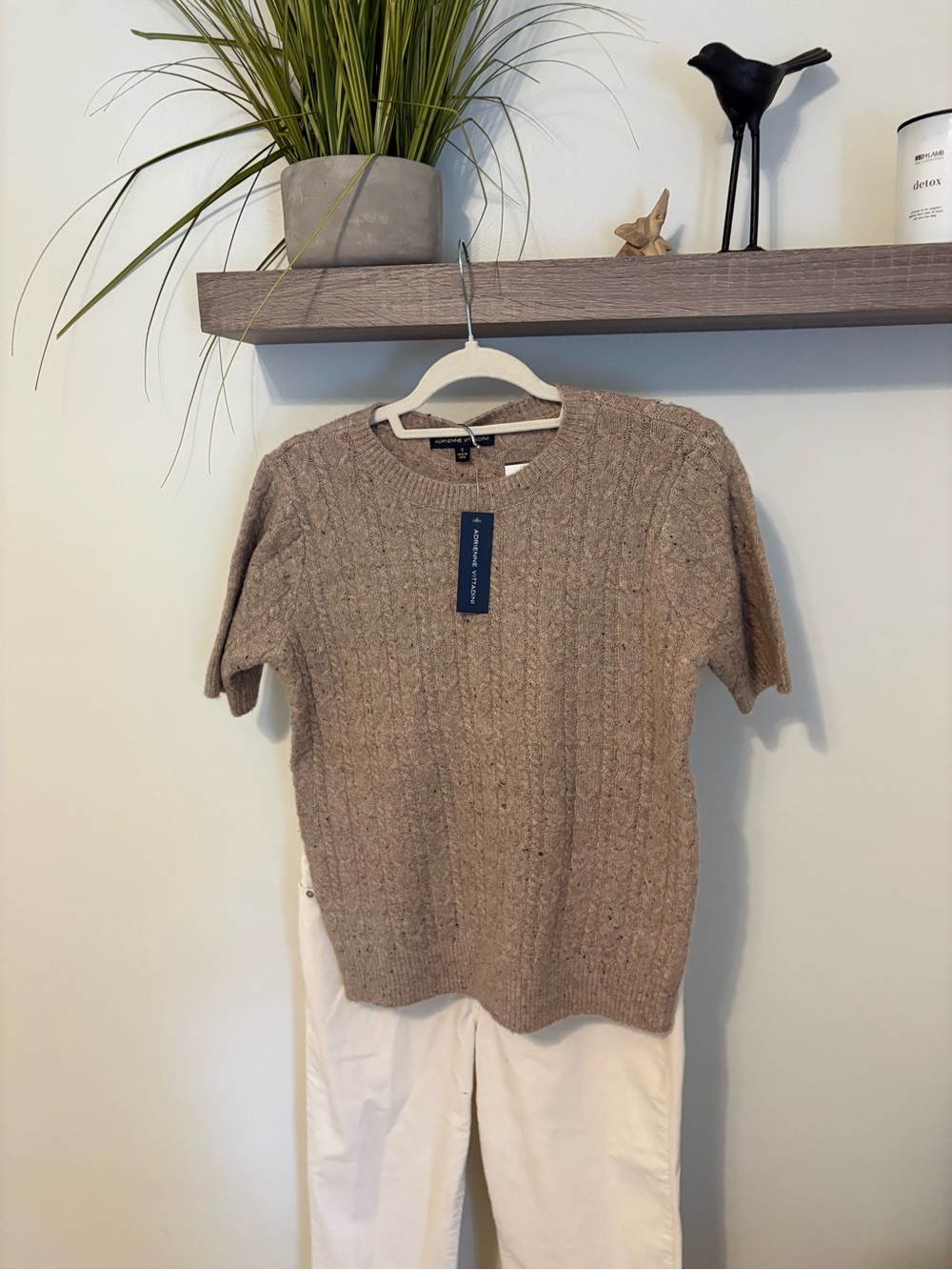 Adrienne Vittadini Taupe Cable Knit Short Sleeve Crew Sweater